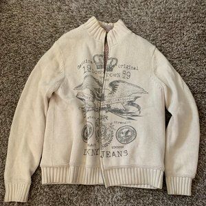 Men's Medium Knit DKNY Cream Logo Zip-Up Sweater